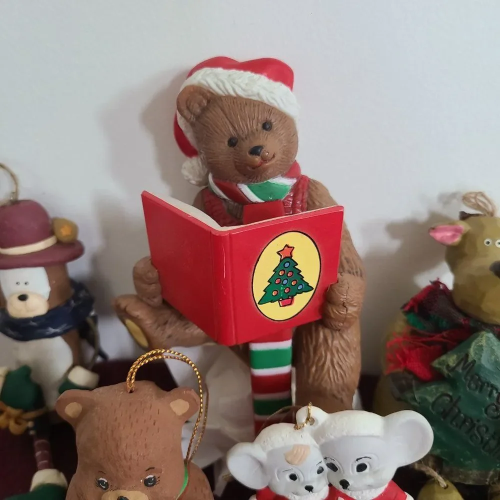 Vintage Christmas Animals Ornaments and Stocking Hanger Bundle Nine Items Lot